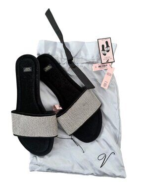 Victoria’s Secret Embellished Black Velvet Slides Rhinestone Sandals Large NWT
